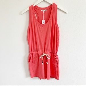 Sundry Coral Drawstring Tank Romper